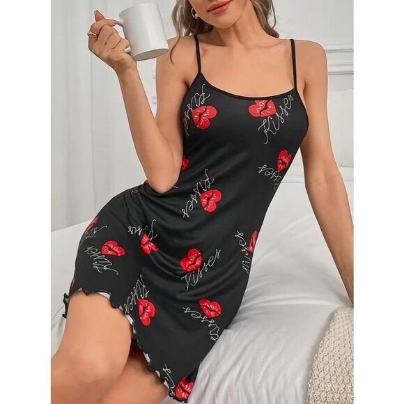 Sexy Sleepwear Dress Pajamas Nightwear Lingerie PJ's Black Hearts Women's - Picture 2 of 5